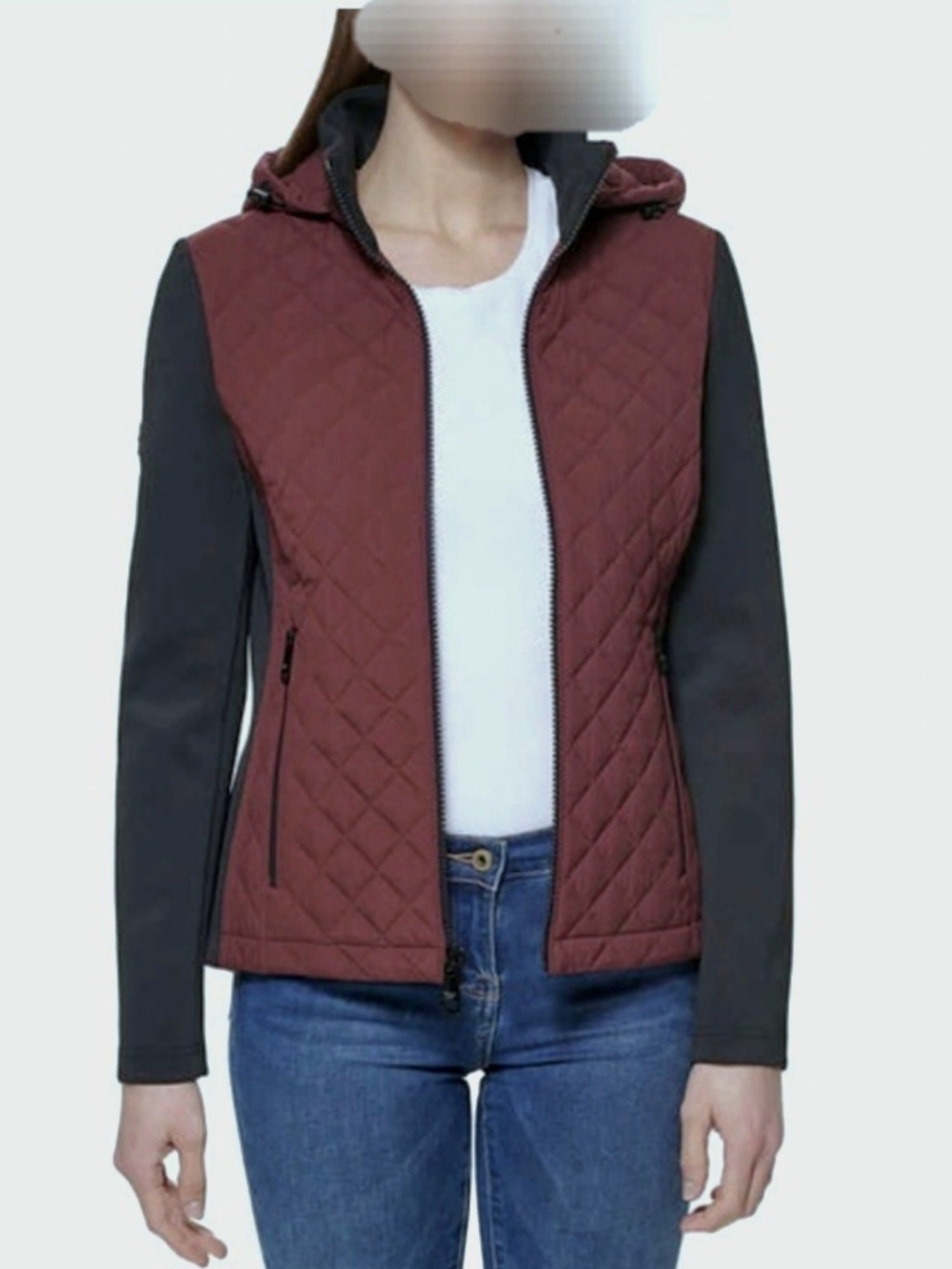 Andrew Marc Quilted Hooded Jacket in Burgundy and Black